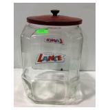Lance Cracker Counter Jar with old red metal lid,