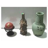 Decor lot with green vase, wine cork vase, and