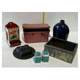 Misc - two match holders, shakers, tin box missing