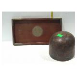 Hat mold and wood serving tray with applied brass