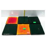 Six glass tiles, four green & two orange - 6 x 6"