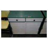 Green and white painted storage cabinet with two