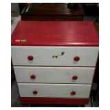 Three drawer red and white painted chest,