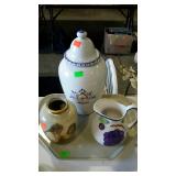 Tray of home decor ceramics, with vase, ginger