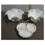 Fenton hobnail, two ruffled dishes and a divided