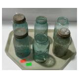 Tray of six ball jars, three with zinc lids.