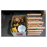 Wine rack and box of miscellaneous household