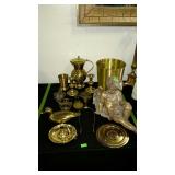 Brass decor lot with trash bin, candle holders,