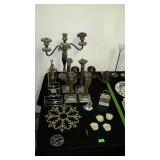 Decor lot with candle stands, figures, soap dish