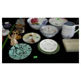 Group lot with bowls, colander, pitcher, figures,
