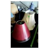Lamp shades three red and black and two stripped