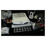 Table lot with salsa mixer, pots and pans,