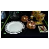 Two copper pans, cookie jar, tissue box and trash