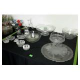 Clear glass group - cake pedestal, mixing bowls,