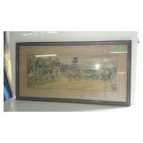 Framed print, horse scene has water damage 35x19