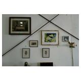 Group lot of six pictures and one wall light,