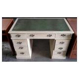 Yellow painted knee hole desk with green top, has