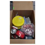 Box lot includes tins, plastic storage
