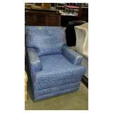 Living room blue upholstered chair, arms ends