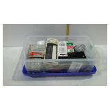 Sewing supplies, plastic shoe box container with