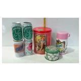 Tins, beer cans, candy tin, child