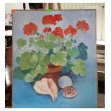 Wood trimmed oil on canvas, Geraniums with