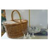 Picnic group, basket, tablecloth with napkins,