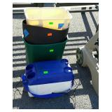 Three water bins one has cracking and a plug in