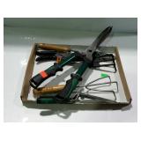 Gardeners Tools, scratch rake, limb prunners,