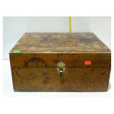Wooden storage box with hinged lid. Brass