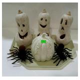Halloween decor - spiders, ceramic pumpkin and