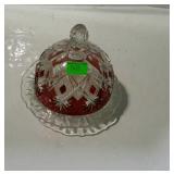 Ruby cut-to-clear covered butter dish, 7" diameter