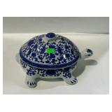 Covered dish- blue & white turtle shaped, 14" long
