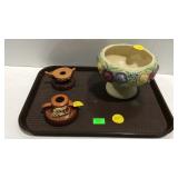 Roseville pottery candle holders and planter bowl