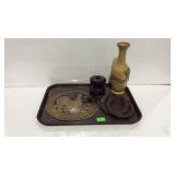 Tray with horseshoes, bud vase, bird tin decor