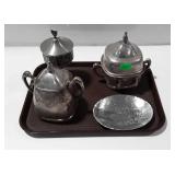 Tray lot of metal dishes, includes butter dish,