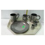Pewter mugs, plate, and toothpick holders