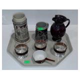 Tray lot of glassware and two beer steins