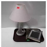 Tray lot, includes lamp, and two picture frames