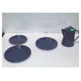 Blue speckled enamelware, includes three plates