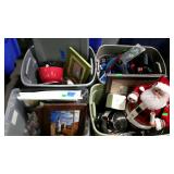 Misc- four totes prints, pots, pans, plastic bowls