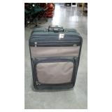 Soft sided wheeled suitcase.