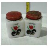 Shakers - milk glass with red lids & floral design