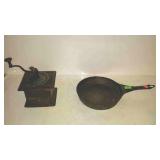 Kitchen lot: Metal frying pan and coffee grinder.