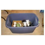 Tote lot of mugs and glassware. No lid for tote.