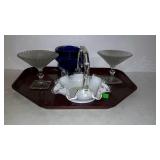 Tray of glass. Handled ruffle candy dish, clear