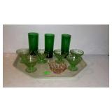 Tray of colored glass. Green depression sherbet
