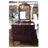 Early three door dresser with mirror, 35 x 18 x