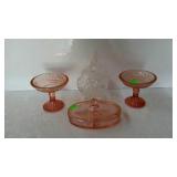 Glassware group, two pink compotes, 6" across, a