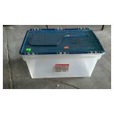 Bin with interlocking lid, stores hanging letter